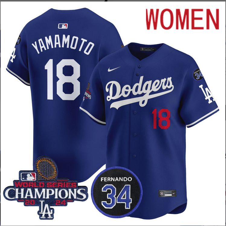 Women MLB Los Angeles Dodgers #18 Yamamoto blue 2024 World Series Champions Patch Limited Jersey style 4